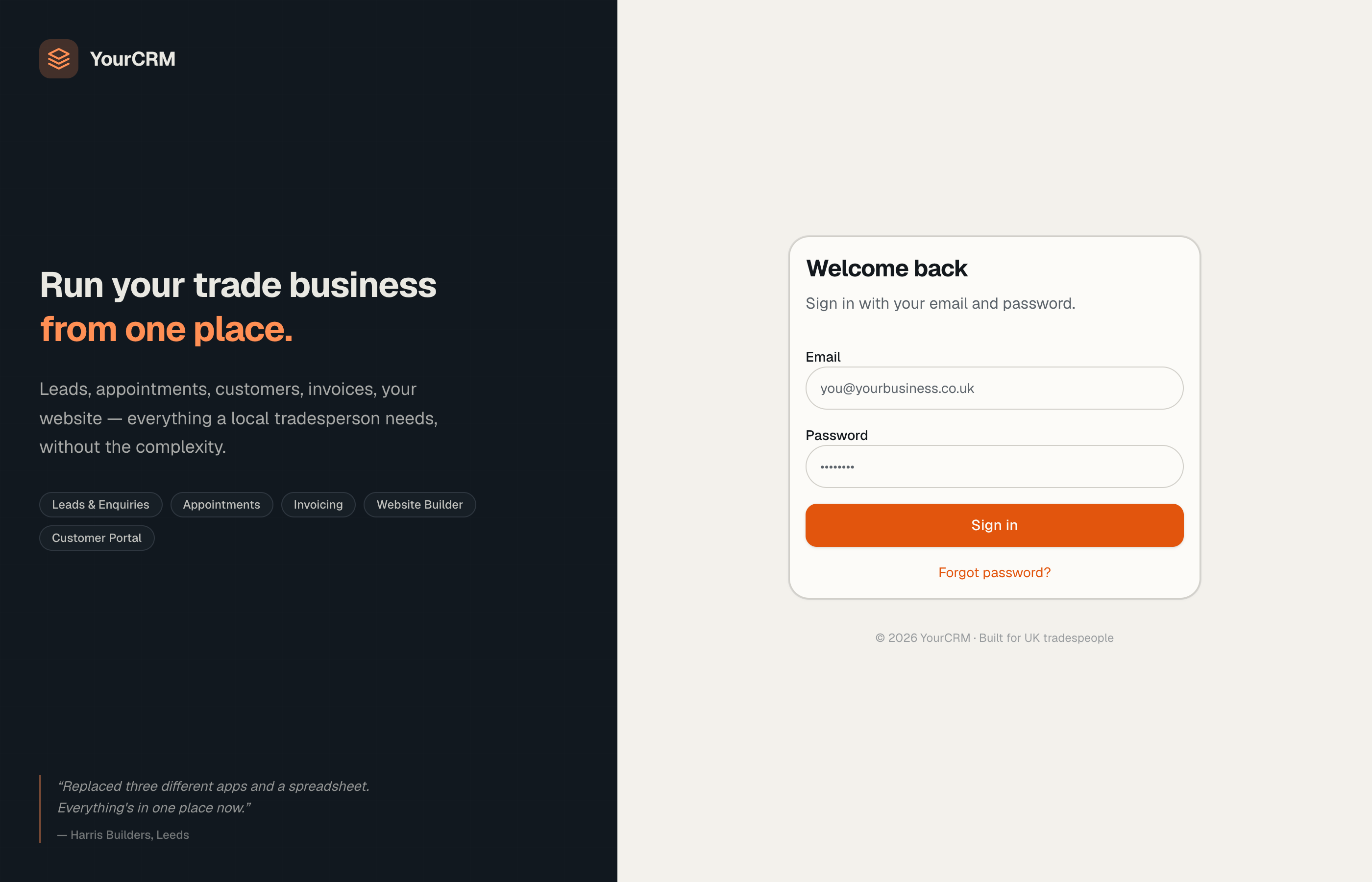 YourCRM sign-in screen