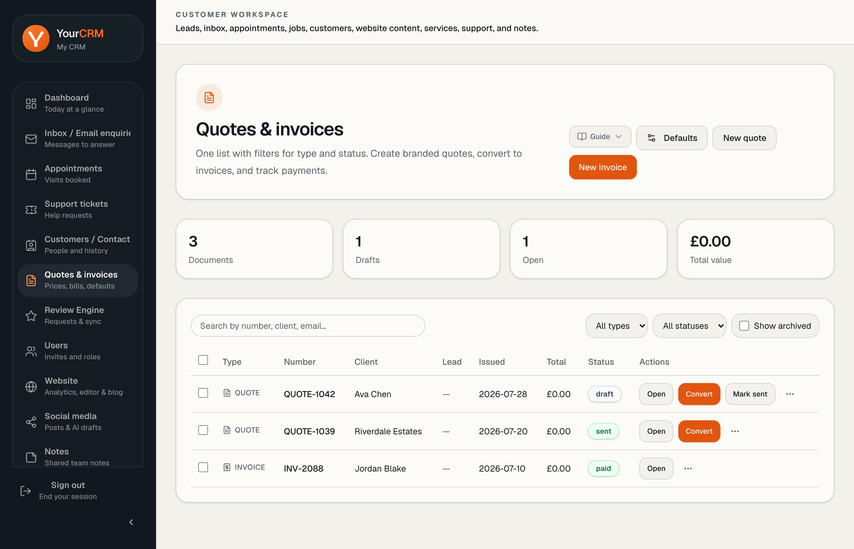 Quotes and invoices list
