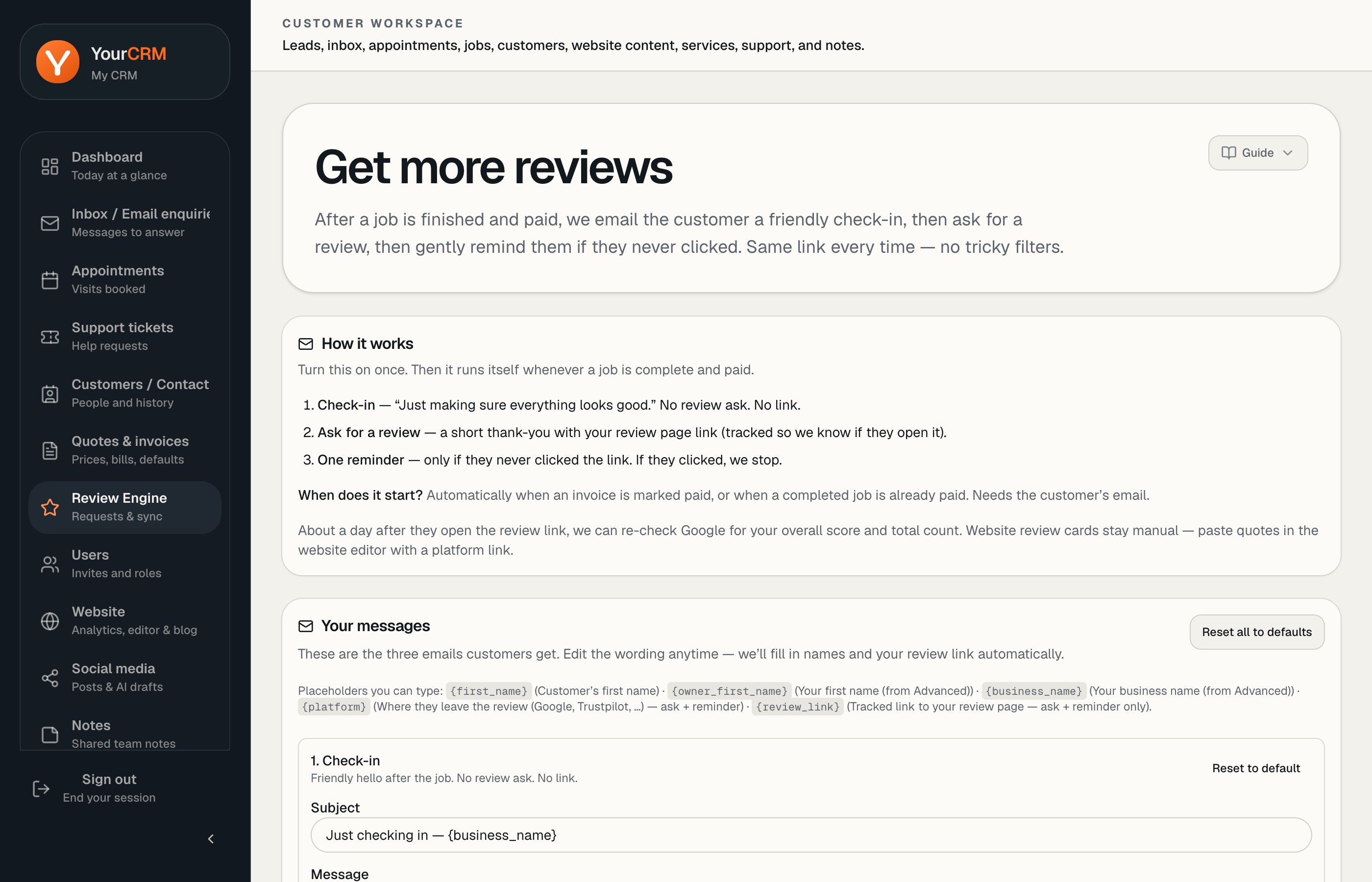 Review Engine settings