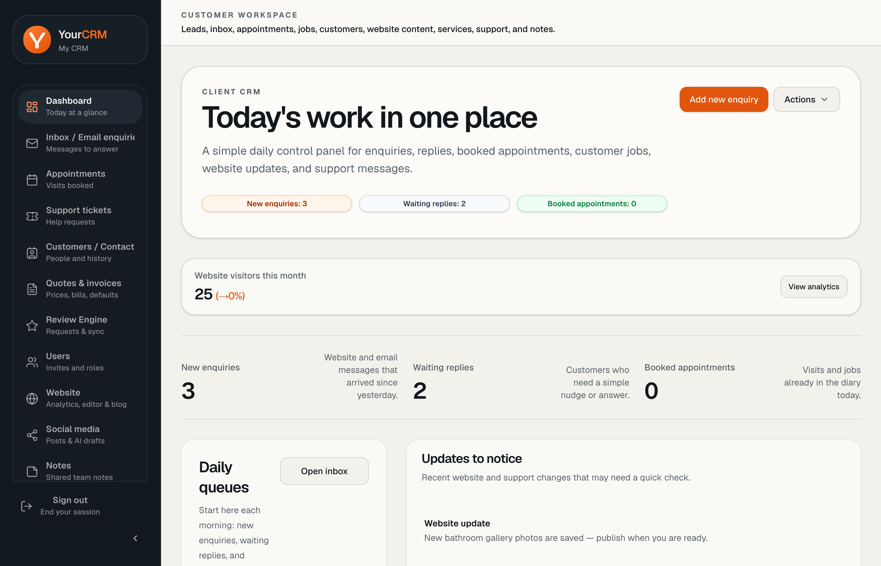 CRM sidebar and dashboard