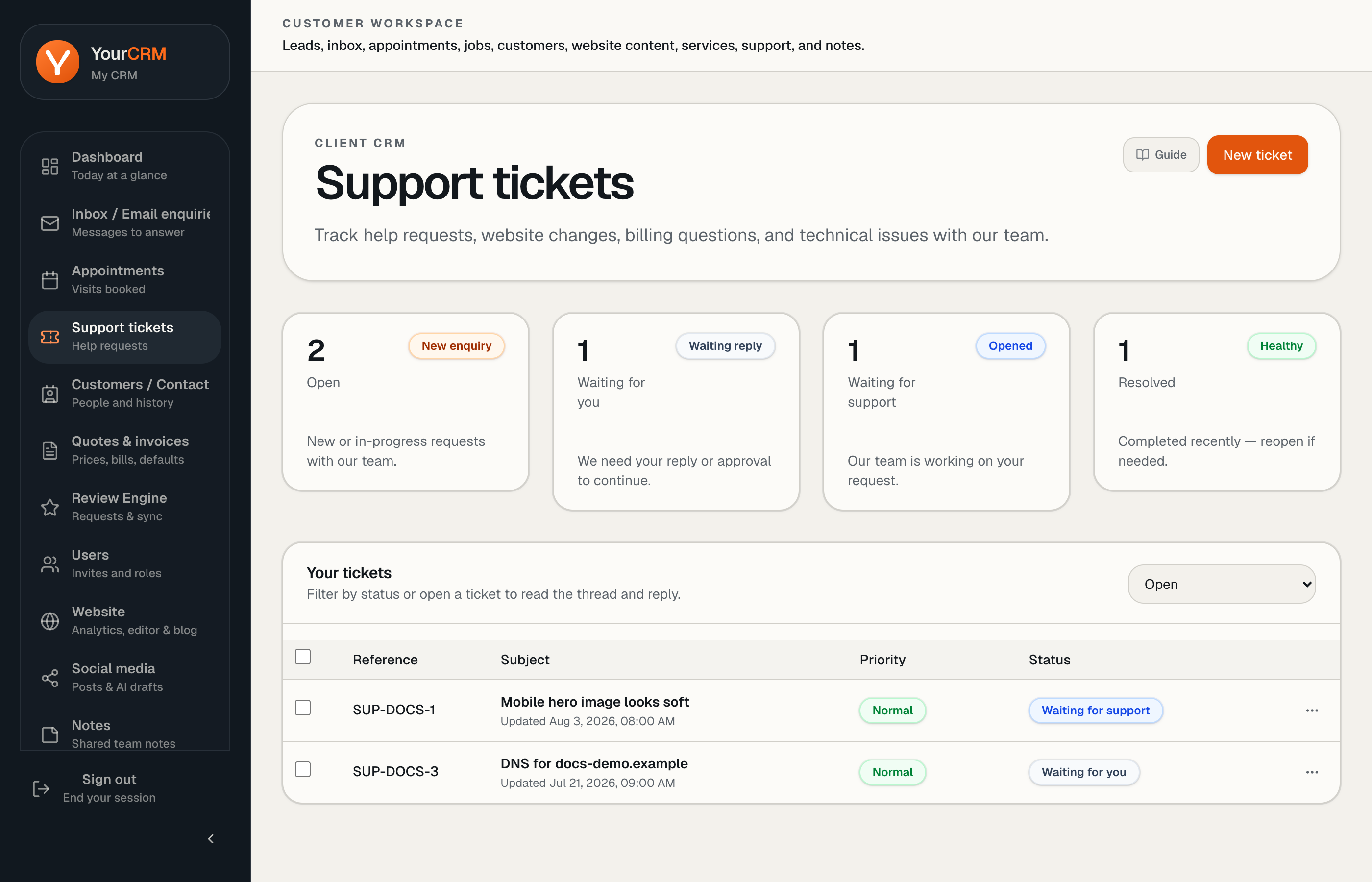 Support tickets list